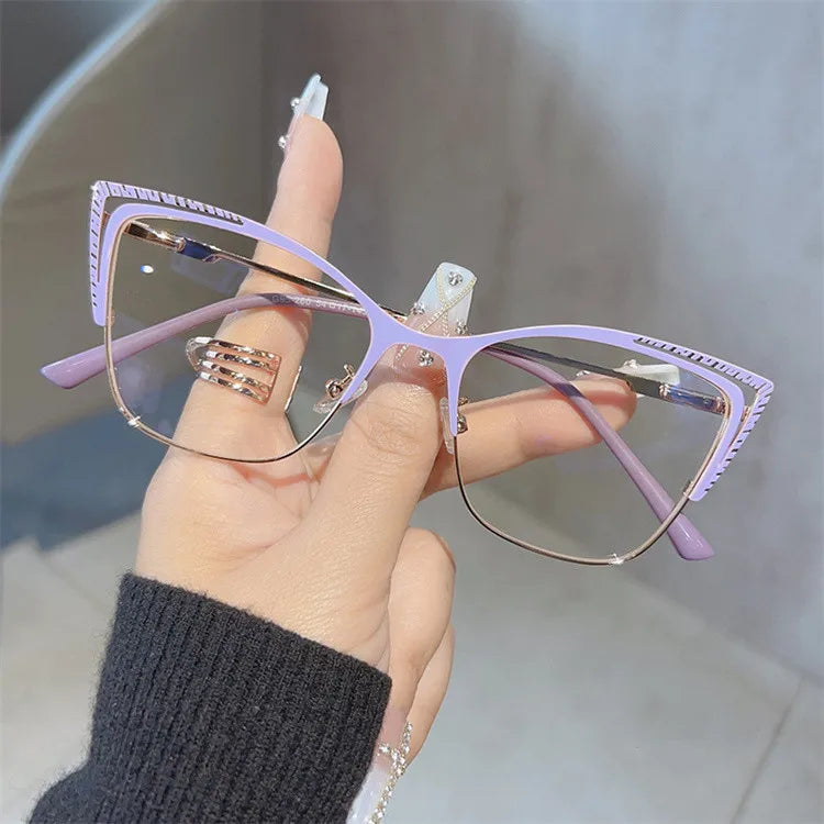 Wholesale Customized Spring Metal Hinge Legs Cat Eye Anti Blue Ray Glasses Personality Women Full Metal Frame China Eyeglasses