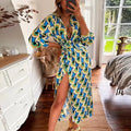 S-2XL Temperament Women's Print New V-neck Sexy Fashion Lace-up Dress Party Evening Dress