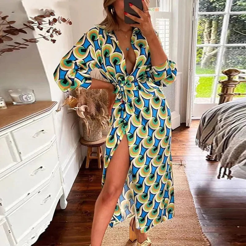 S-2XL Temperament Women's Print New V-neck Sexy Fashion Lace-up Dress Party Evening Dress