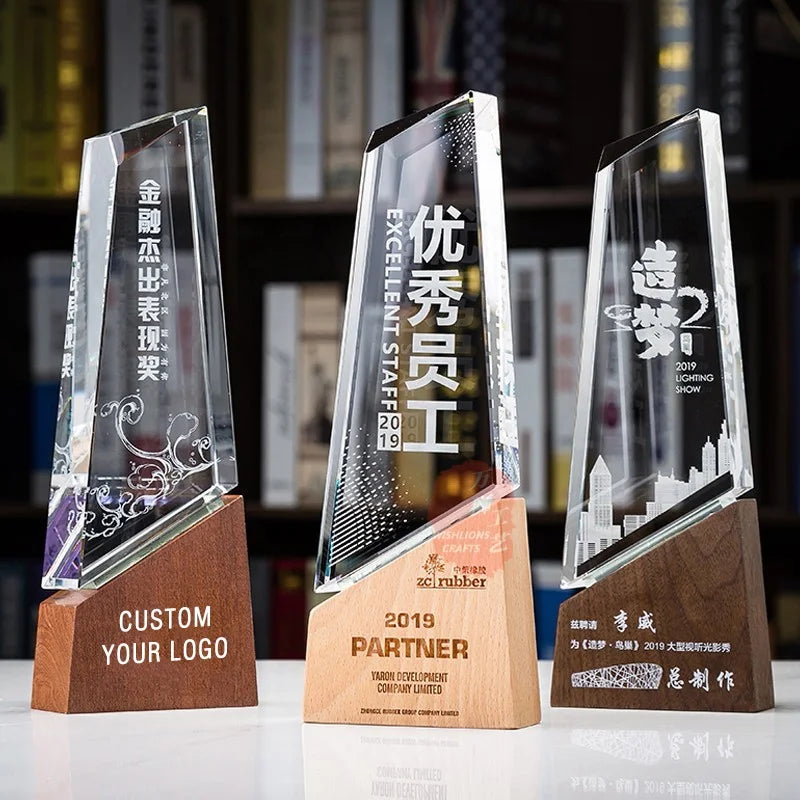Custom Engraved Glass Recognition Awards Trophy Crystal Glass Plaque Award with Wood Base WTR-37
