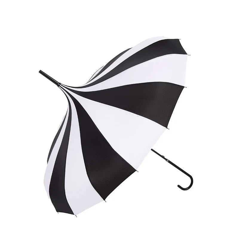 LOTUS Creative Design 16 Ribs Black and White Stripe Straight Manual Pongee Sunshade Pagoda Umbrella for Wedding MegaBDM