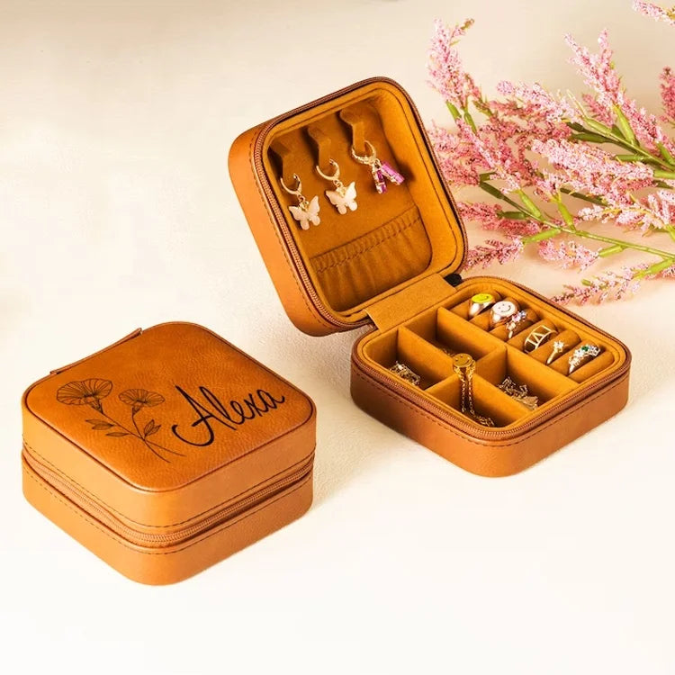 Personalized Birthday Gift Custom Necklace Ring Earrings Jewelry Organizer Case Leatherette Mini Portable Travel Jewelry Box