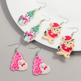 New 2024 Cartoon Kitten Cute Animal Print Custom Santa Hat Christmas Tree Candy Cane Girl Bow Lazy Cat Acrylic Drop Earrings