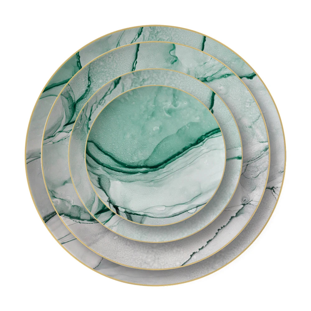 Wholesale Luxury Green Marble Bone China Dishes Dinner Dinnerware Set Gold Rim Ceramic Charger Plate for Wedding Party