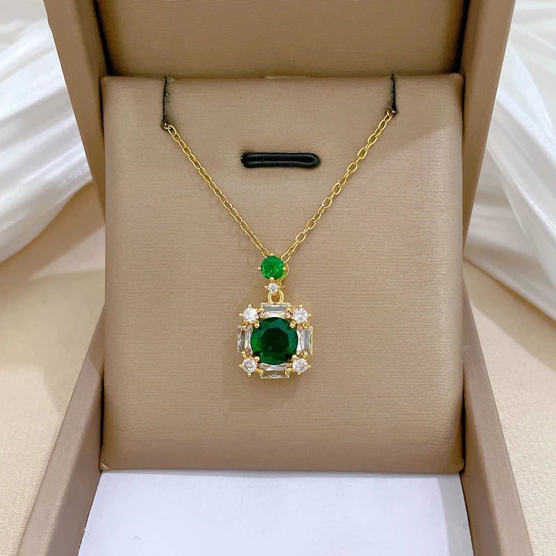 DAIHE 2025 New Green Emerald Necklace 18k Gold Plated Stainless Steel Crystal Stone Necklace