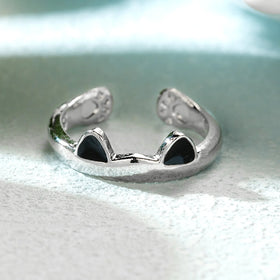2025 New Cute Cat Ear Open Rings Pink Black Enamel Ear Paw End Adjustable Silver Plated Trendy Opening Women Girl Party Jewelry