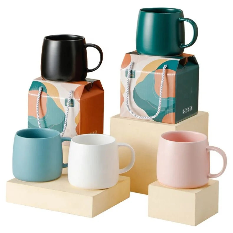 Factory Direct Cheap Multi-Color Ceramic Coffee Mugs Gift Box Package 400ml Fancy Ceramic Mug With Spoon
