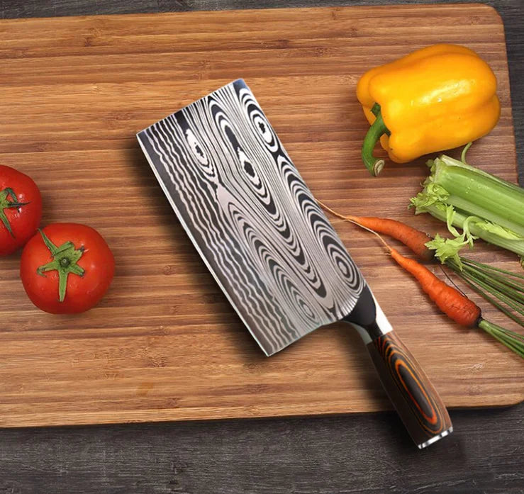 Damascus Laser Pattern Stainless Steel Cleaver Knife 7 Inch Vegetable Meat Full Tang Ambidextrous Ergonomic Handle Knife