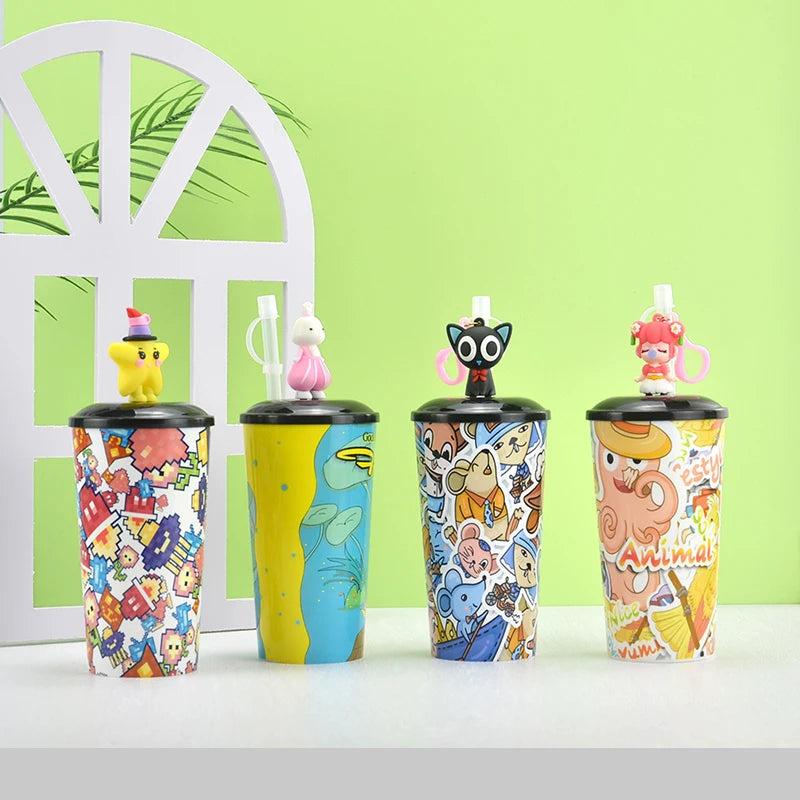 16 oz Customizable Reusable Doll Figurine Head PP Tumbler Bottle with Lid and Straw 500ml Capacity for Bubble Tea and Juice