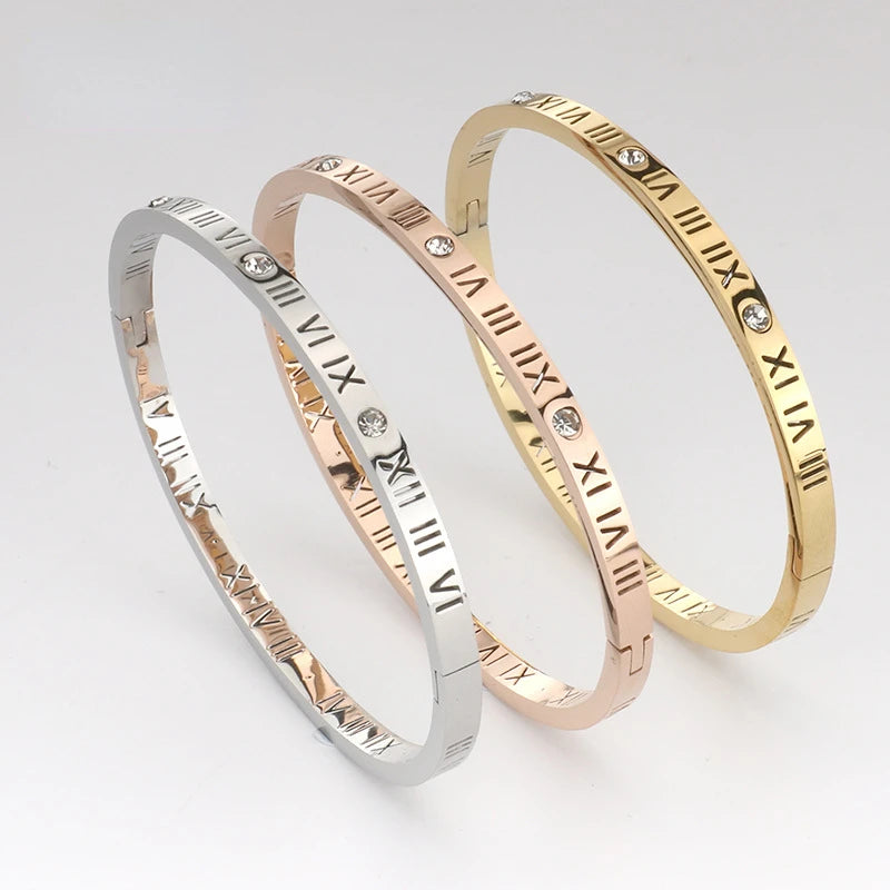 Fashion Waterproof Jewelry 18K Gold Plated Roman Numeral Bracelets Tarnish Free Stainless Steel Cubic Zirconia Bracelet YF2935