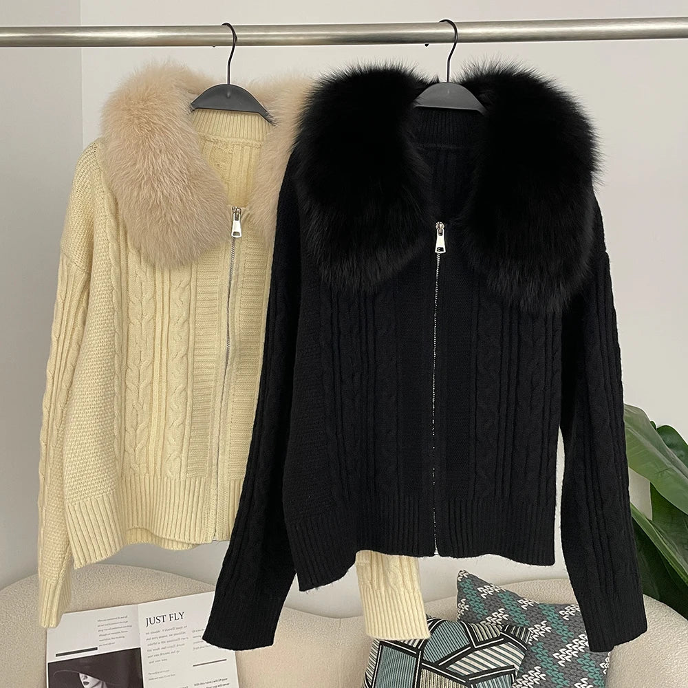OFTBUY 2025 Women's Autumn Short Knitted Outwear Sweater Casual Close-fitting Zipper Jacket Real Fox Fur Collar Breathable Warm