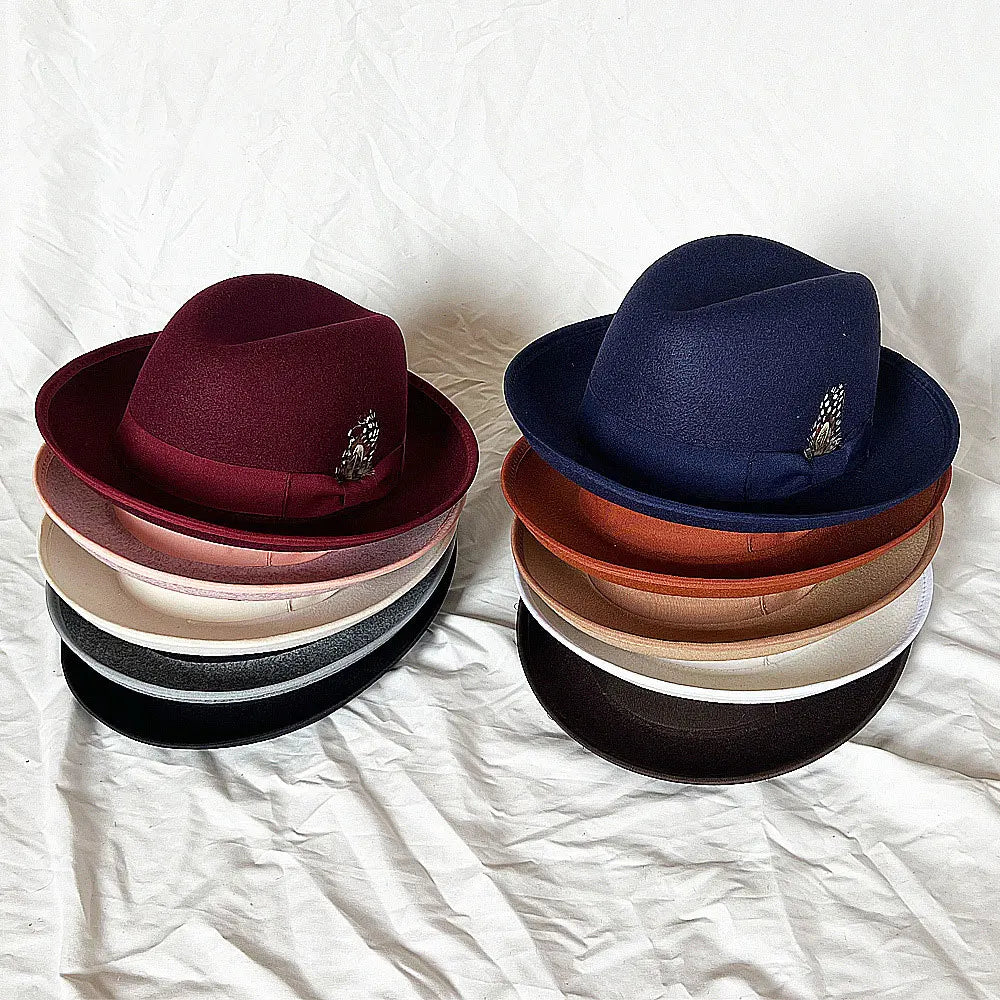 Warped Edge European American Men Small Top Homburg Hat Long Feng Ni Thickened Fabric Felt Men Hats Fedora