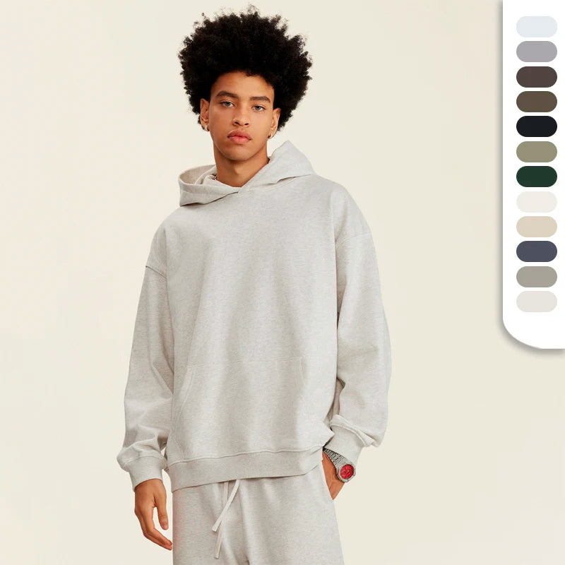 Unisex 445gsm Poly Cotton Blending Pullover Hooded Sweatshirts With Custom Logo Drop Shoulder Heavy Weight Hoodies