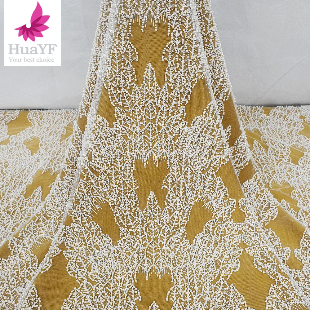 New Hot Sale White Heavy Beaded Pearls Lace With Sequins French Wedding Bridal Lace Dress Fabric HY1964