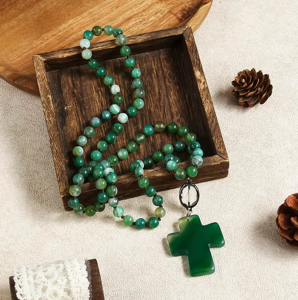 BohemianTrend Women's Customized Jewelry 8mm Multicolor Striped Agate Knot Agate Cross Pendant Necklace