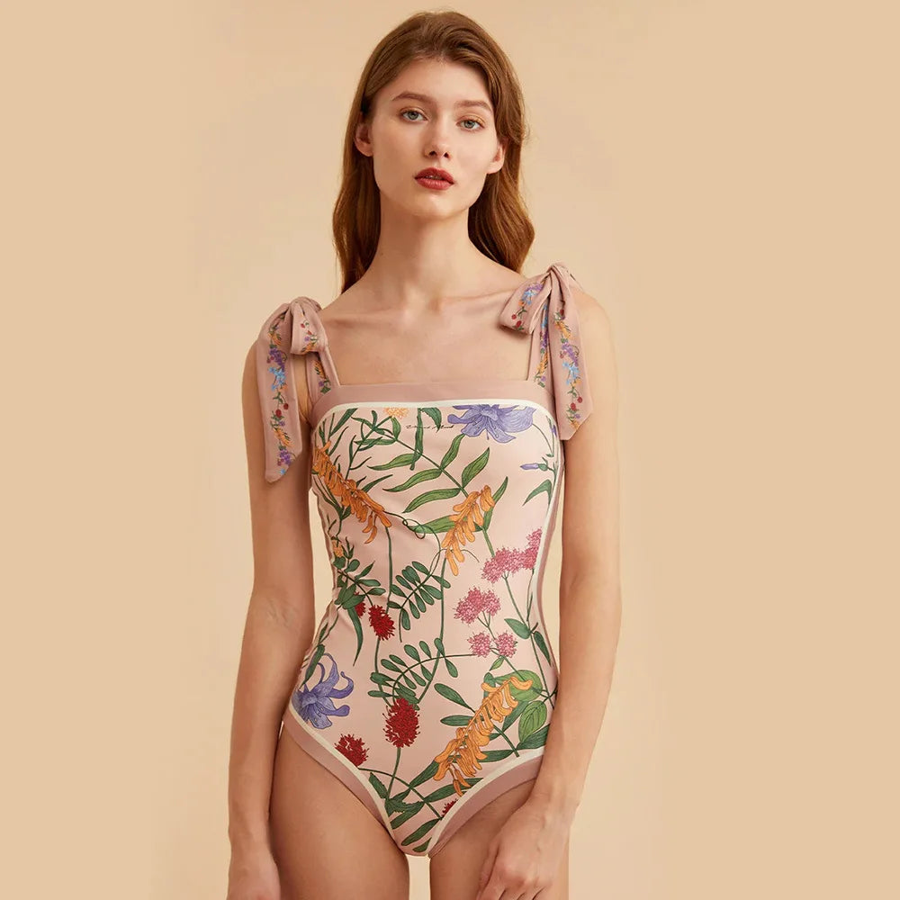 2023 Summer Hot Sale Girls Bikini Fashion Printed Bandage One Piece Swimwear Vintage Style Beachwear