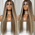 Ash Blonde Glueless Highlight Straight Wig 100% Human Hair 180 Density Wigs 13x6 Lace Front Wigs Preplucked Natural Remy MegaBDM
