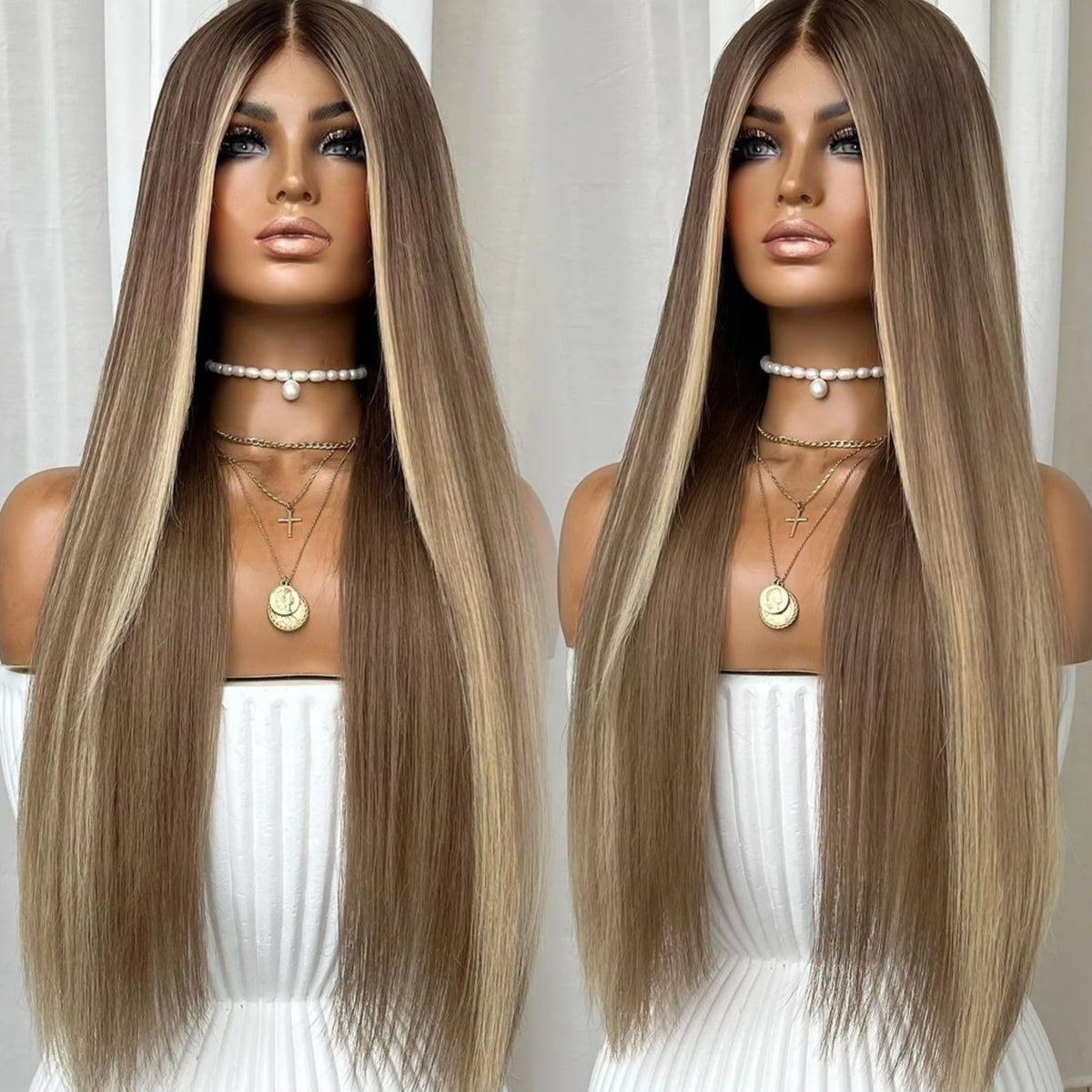 Ash Blonde Glueless Highlight Straight Wig 100% Human Hair 180 Density Wigs 13x6 Lace Front Wigs Preplucked Natural Remy MegaBDM