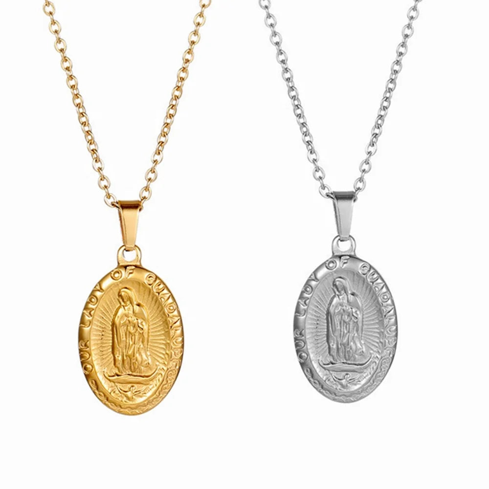 MECYLIFE Our Lady of Guadalupe Necklace Guadalupe Medal Stainless Steel Religious Necklace