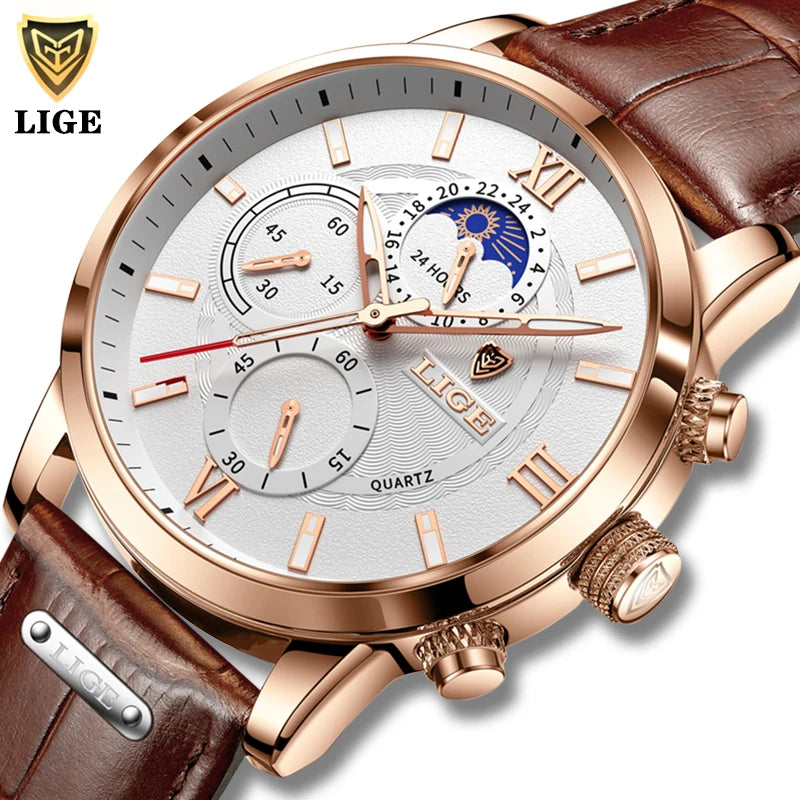 LIGE LG8932 Watches Men Clock LIGE Casual Leather Moon Phase Man Watch Sport Waterproof Quartz Chronograph
