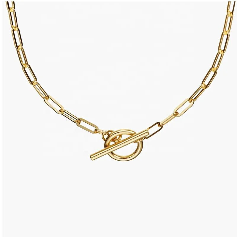 MICCI Women's Jewelry PVD 18K Gold Plated Stainless Steel Paper Clip Link Chain Long OT T Bar Toggle Clasp Buckle Necklace
