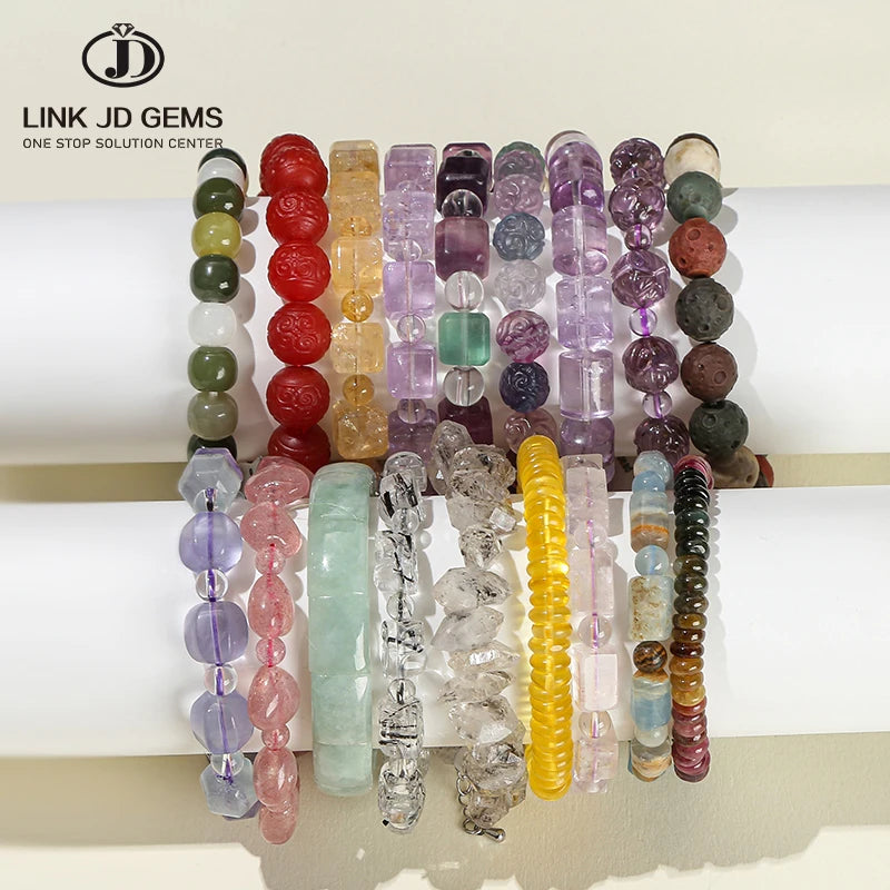 JD Natural Stone Amethyst Tourmaline Quartz Irregular Bracelet Women Quality Energy Crystal Elastic Rope Bracelet Couple Gift
