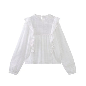 XS-L Ruffles Decorate Long Sleeve White Blouse Women Blouses Tops Clothing