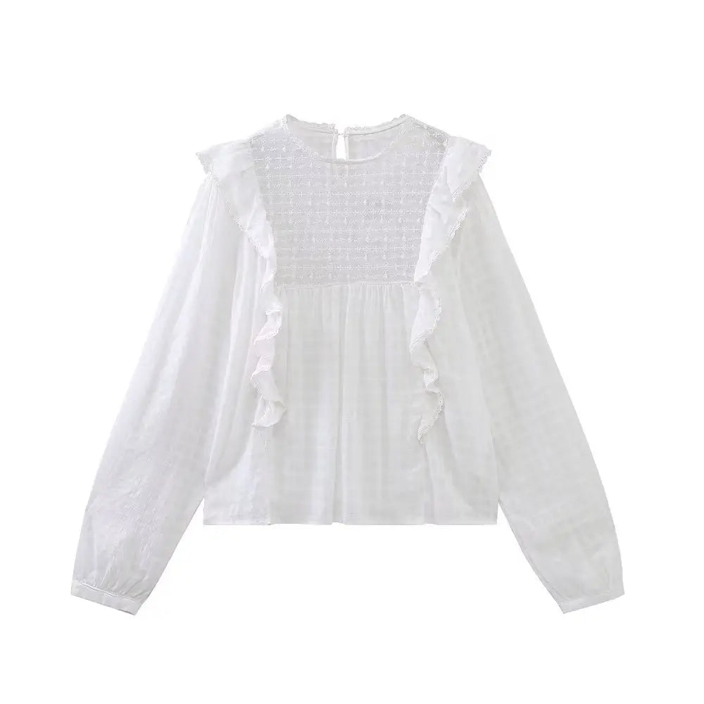 XS-L Ruffles Decorate Long Sleeve White Blouse Women Blouses Tops Clothing