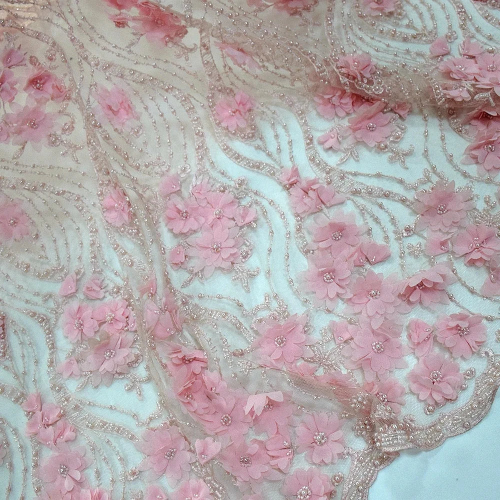 Pink Top End French Handmade Beaded Lace With 3d Flower Net Lace Tulle Fabric for Girl Dress HY0830-6
