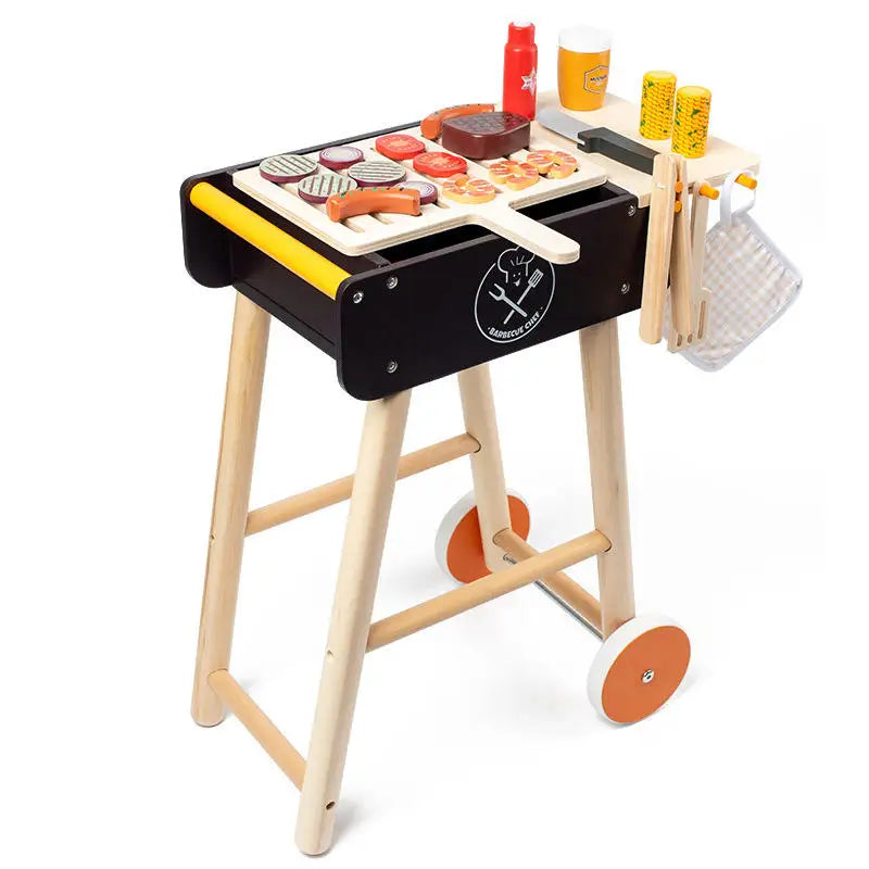 Wooden Kitchen Set Game Gift for Children Cooking Food Pretend Barbecue Trolley Toy Kids BBQ Cart Tool Wooden Role Play Toys