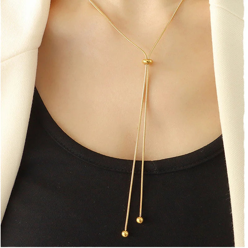 Gold Plated Stainless Steel Y-Shaped Collarbone Pendant Necklace Round Beads Long Snake Chain Vintage Style for Weddings Gifts