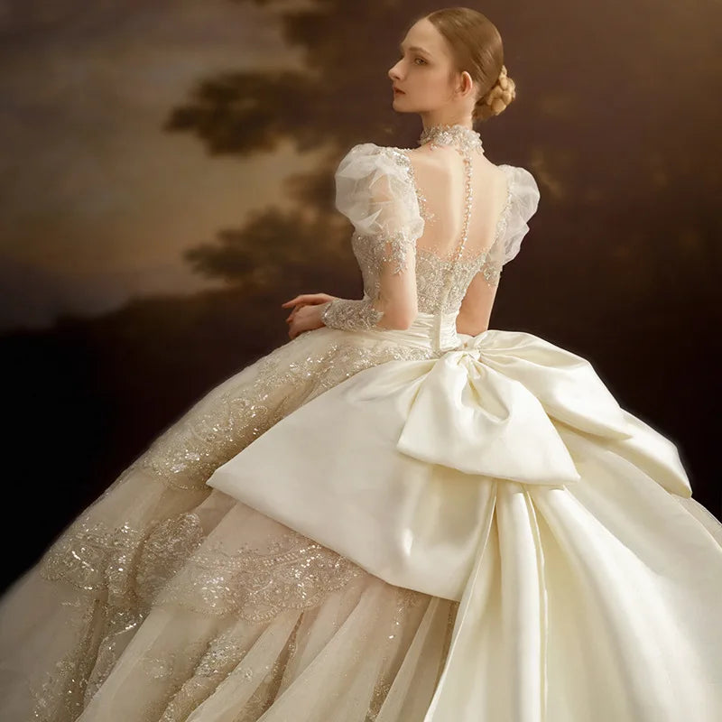 AL1041 New Arrival 2022 Summer New Bride Wedding Retro Luxury Advanced Texture Big Tail Long Sleeve Girl Wedding Dress