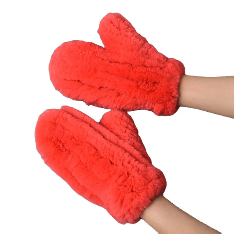 MWfur Fashion Hand Knitted Rex Rabbit Fur Gloves for Women Winter Mittens Winter Hand Warmer Ladies Full Fur Mittens Lovely