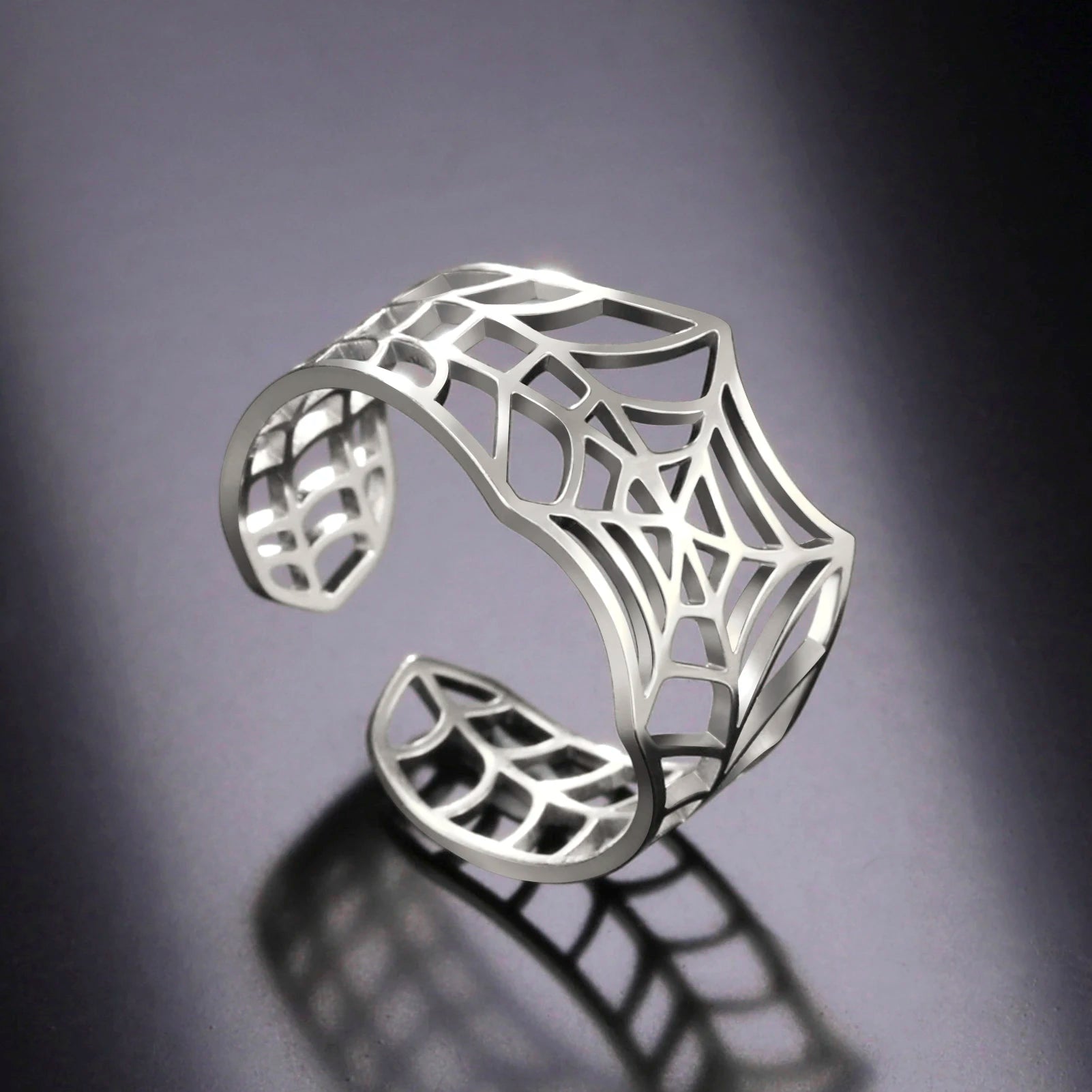 Spider Web Rings for Women Men Open Adjustable Ring Stainless Steel Punk Style Hollow