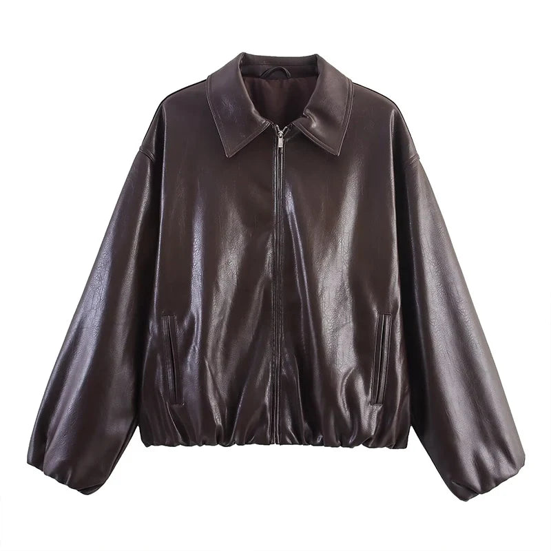 ZATRHMBM Autumn Women's Clothing 2025 New Fashion Imitation Leather Pilot Jacket Coat Casual Long-sleeved Lapel Female Coat