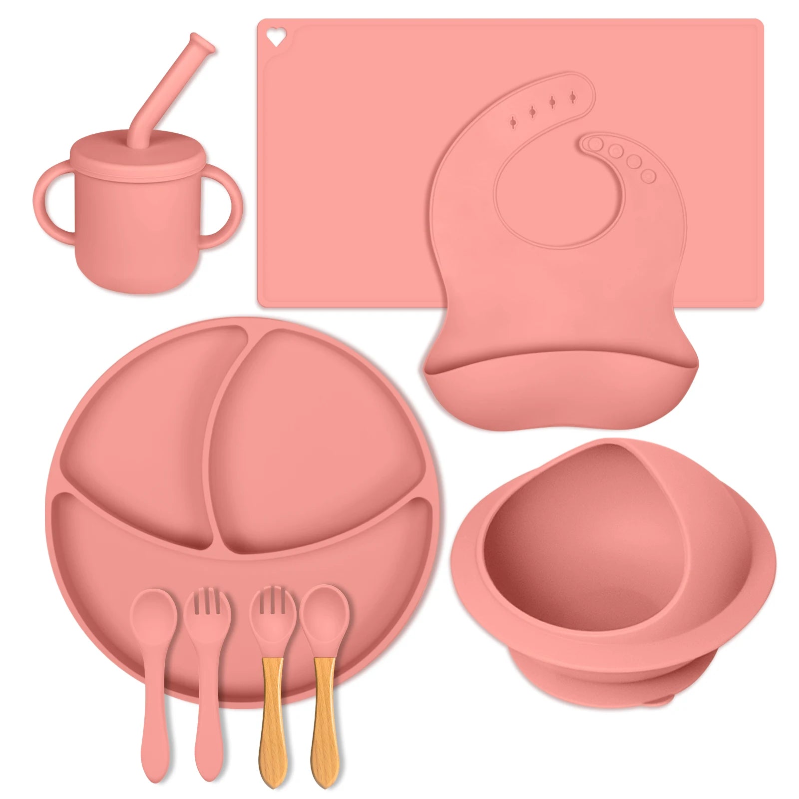 7-Piece BPA Free Silicone Baby Feeding Set Food Grade Plate Mat Bib Bowl Suction Fork Kid's Division Cup Safe Spoon for Dining