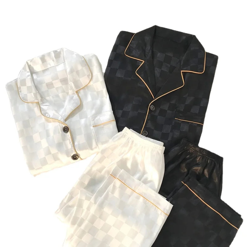 Custom Two Piece Jacquard Pyjamas Luxury Striped Couple Satin Sleepwear Pajama Set for Women
