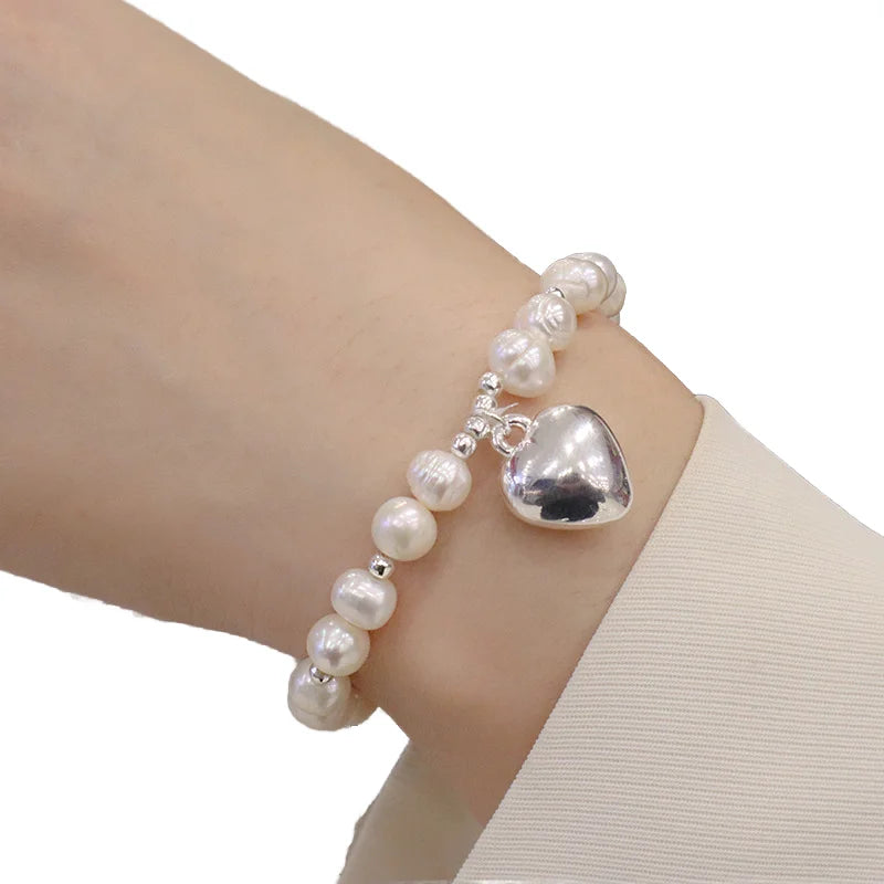 GT Metal Heart Pendant Beaded Bracelet Trendy Freshwater Pearl Bangle for Girls Simple for Gift