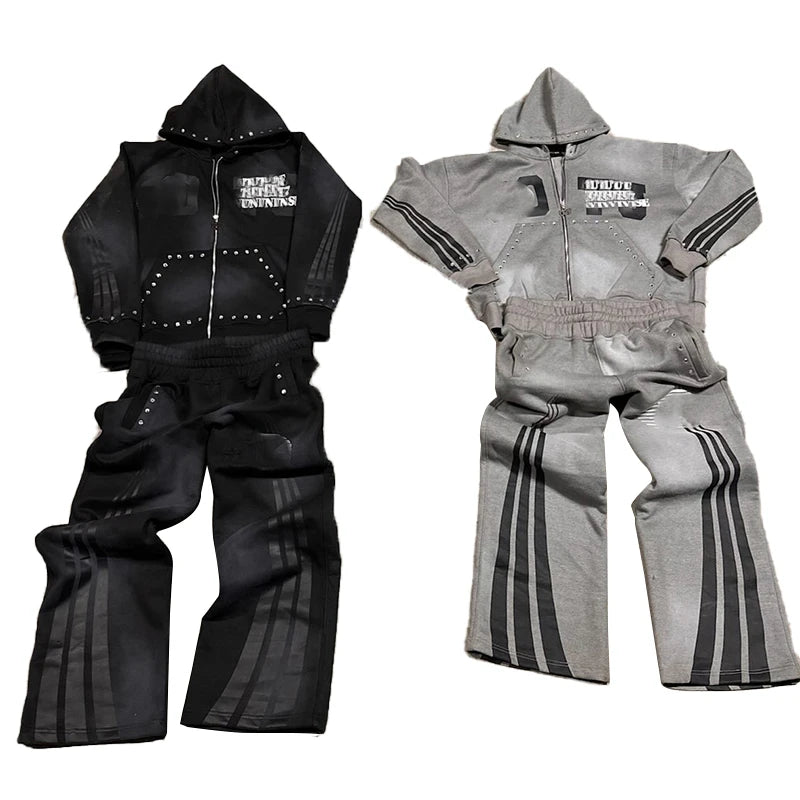 YSJY Wholesale Custom Streetwear Rhinestone Tracksuits Zipper Acid Wash Vintage Hoodie Sweatpants and Hoodie Set for Men