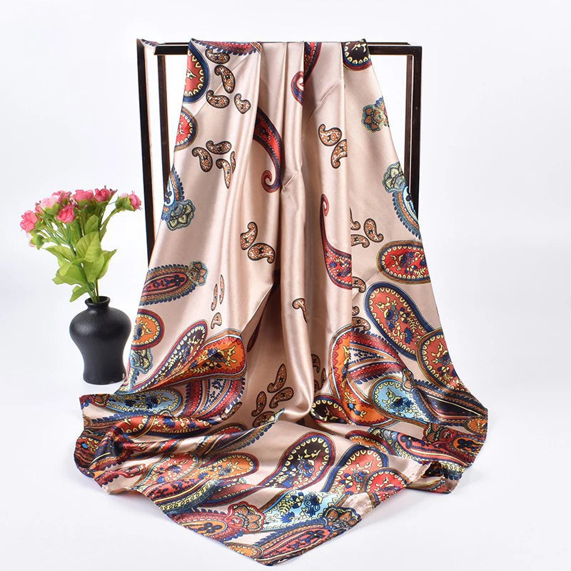 2024 New Arrival Woman Silk Scarf Stock Wholesale Fashion Retro Cashew Nut Pattern Printing 90*90 Satin Large Square Scarf