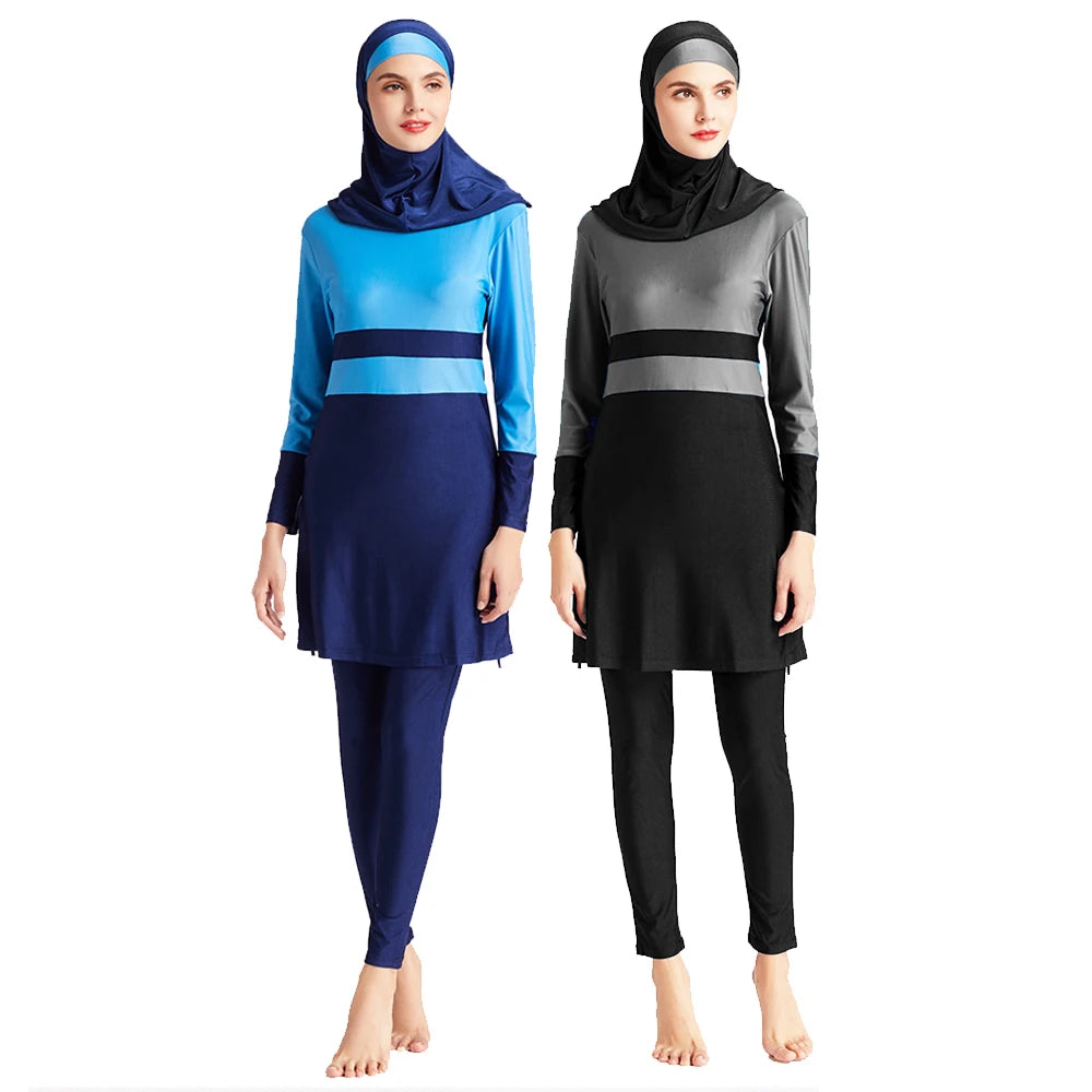 New Fashion Two-Tone Patchwork Full Coverage Plus Size Sun Protection Modest Muslim Woman Burkini Swimwear