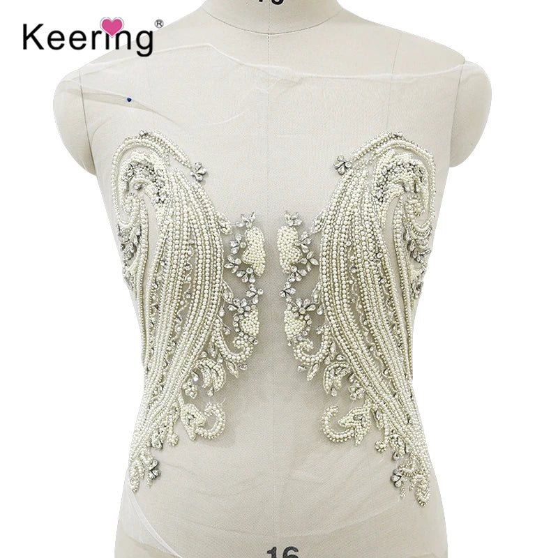 Hot Design Rhinestone Applique  Pearls Patch for Ball Gown Wedding Dresses WDP-281