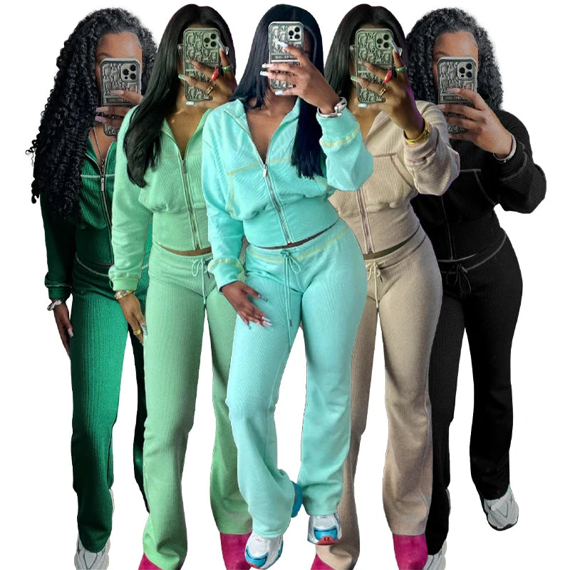 Trend 2025 Hot Sale Two Piece Set Women's Winter Clothes Good Elasticity Hooded Bell Bottoms Gym Wears for Women Sets Clothing