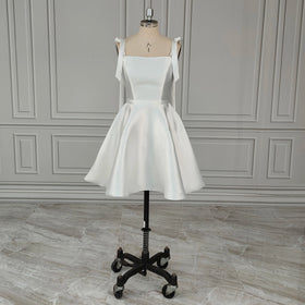 Real Photos Square Collar Low Back Mikado Mini Wedding Dress for Women Bride Gowns With Detachable Bow Vestido De Novia 15937