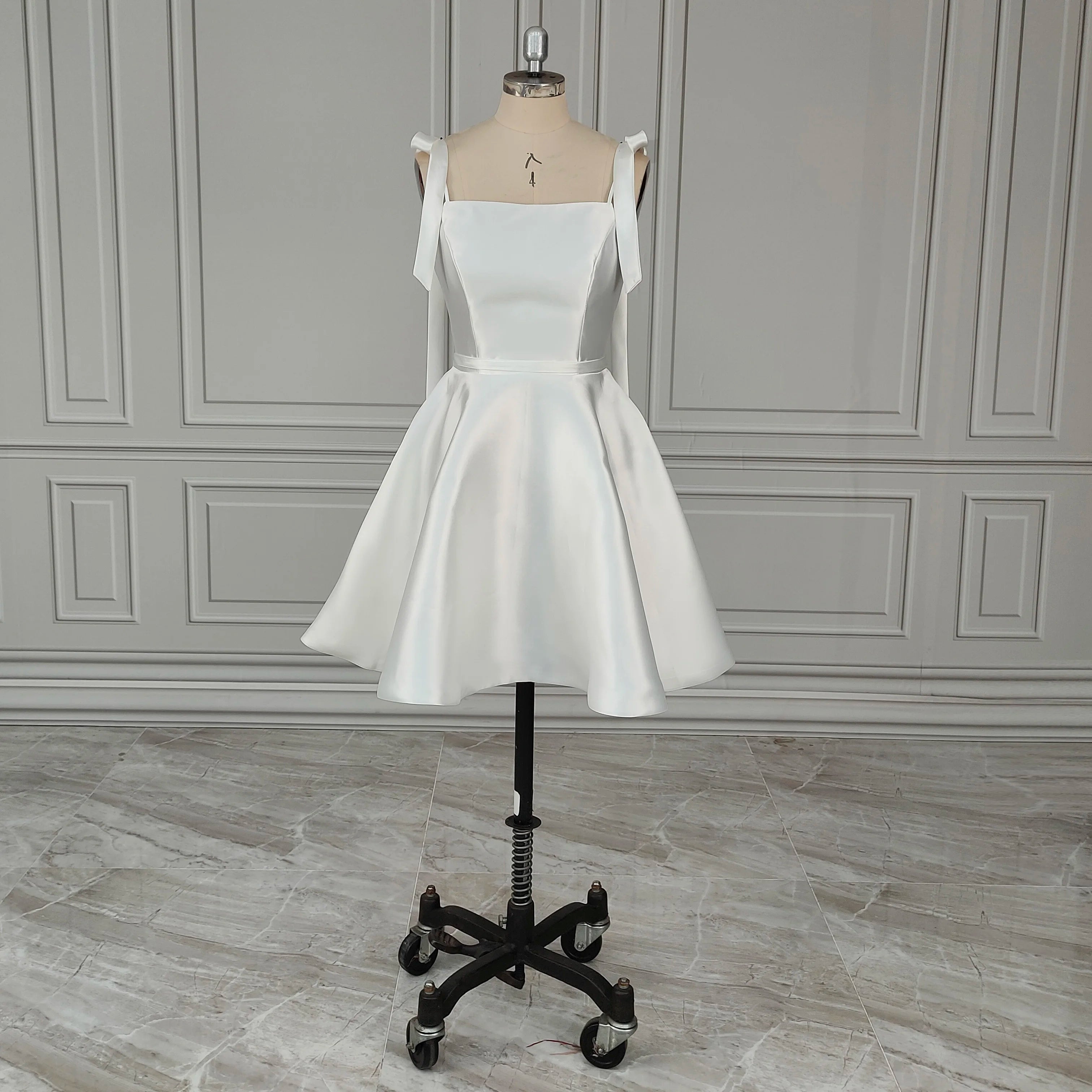 Real Photos Square Collar Low Back Mikado Mini Wedding Dress for Women Bride Gowns With Detachable Bow Vestido De Novia 15937