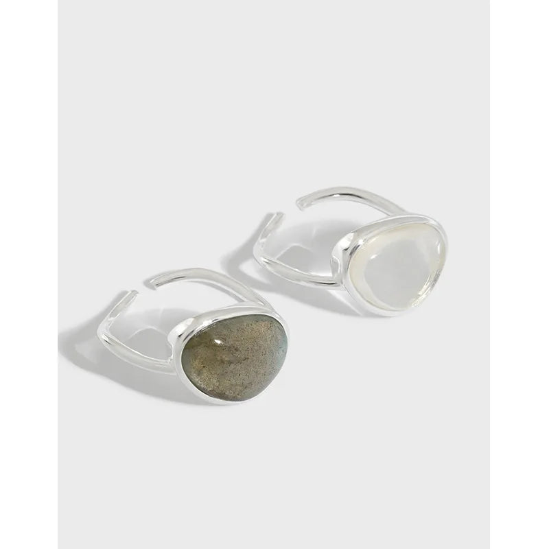 Irregular S925 Sterling Silver Natural Moonstone Open Trendy Finger Rings for Women Adjustable Silver Jewelry
