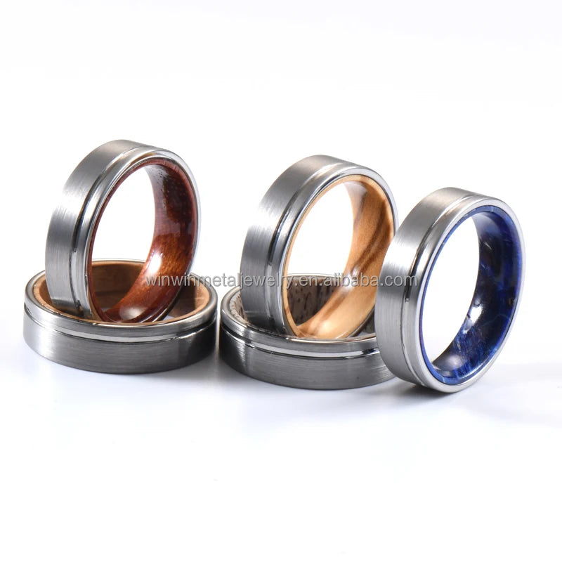 6mm Tungsten Ring Men Flat Offset Silver Wedding Band Whiskey Barrel Olive Rose Wood Inlay Fashion Engagement Party Jewelry Ring
