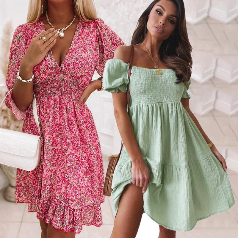 Womens Ruffle Casual Dresses Boho Deep V Neck Lantern Sleeve Tropical Mini Sundress Backless Beach Clothes Chiffon Dress