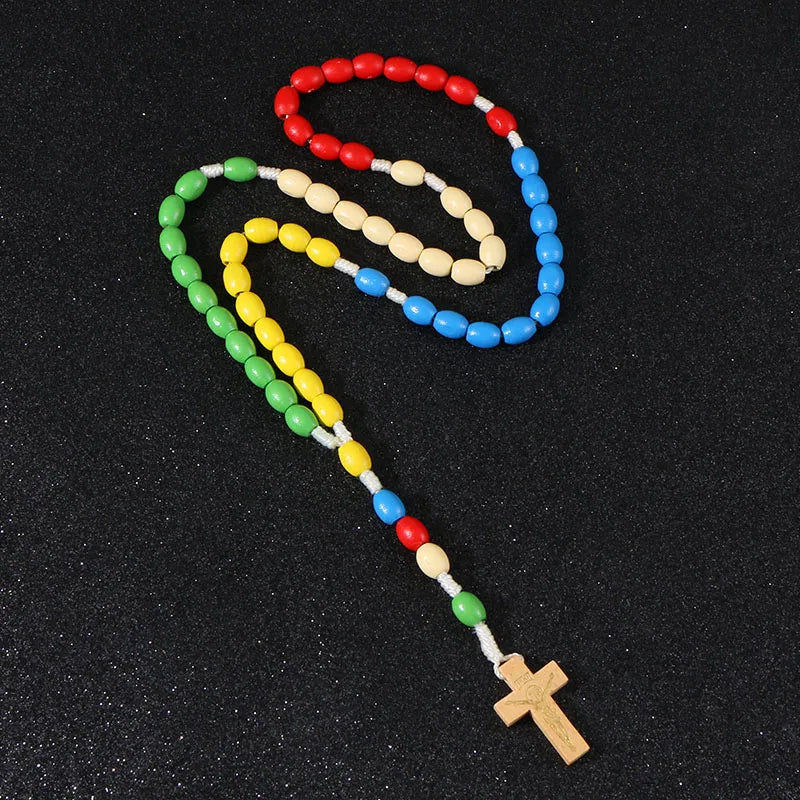 XIMAI Handmade Wooden Rosary Cross Pendant Necklace Jesus Weave Colored Beads Religious Fashion Jewelry for Child Anniversaries