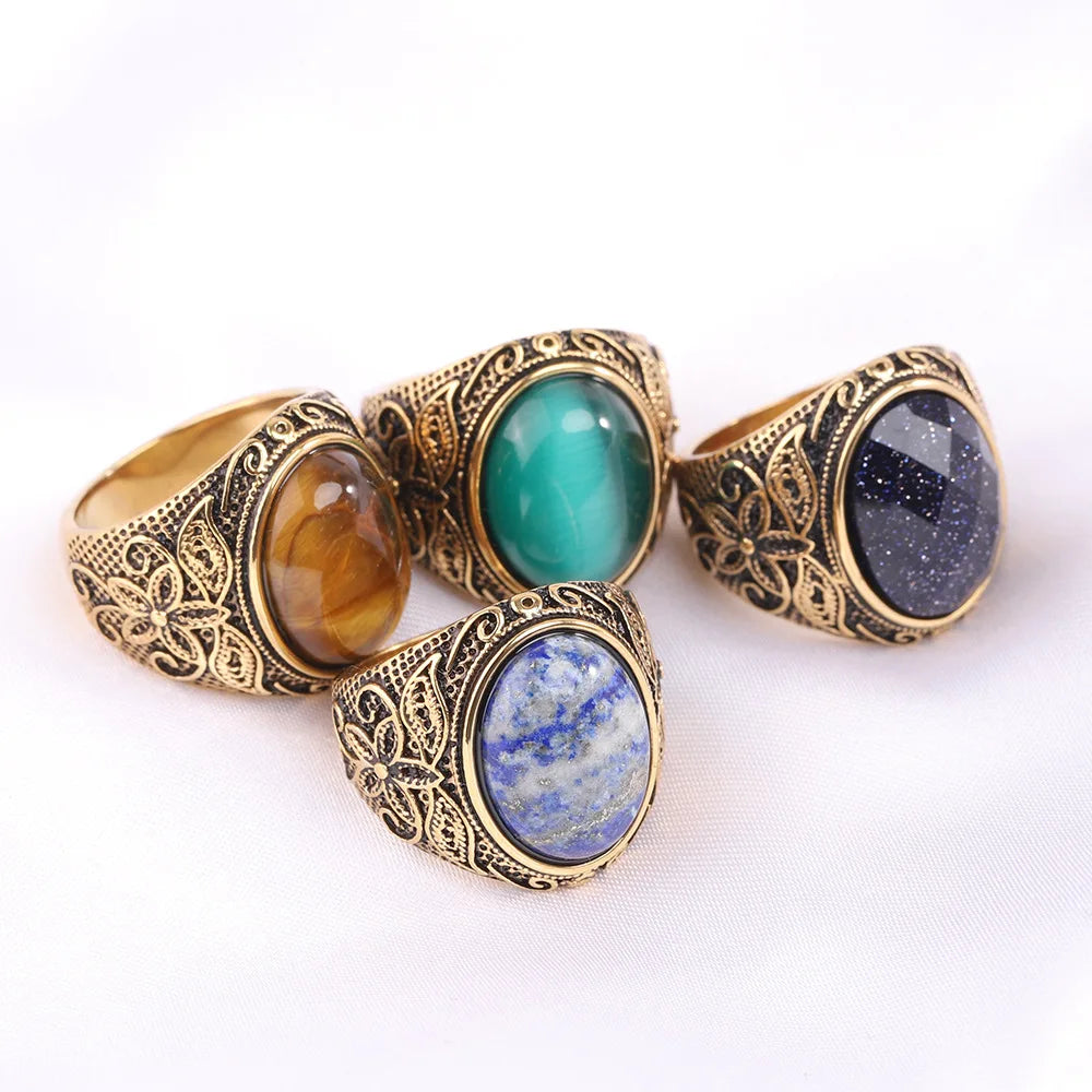 Ready to Ship Wholesale Men's Retro Vintage Silver Ring Gold Plated Oval Cut Lapis Tiger Eye Stone Signet Ring